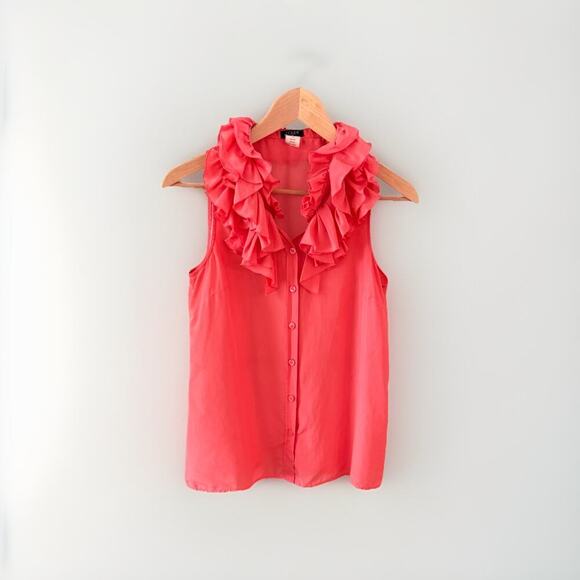J Crew Blouse Size 4 Pink Silk Sleeveless Top Ruffle Collar Button Up Tank - Picture 1 of 14